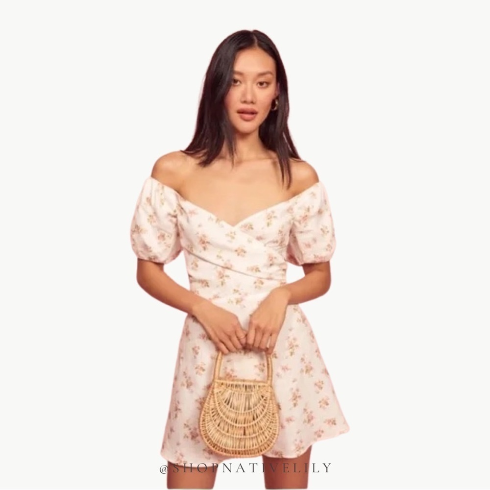 Reformation Pink Floral Off-Shoulder Mini Dress